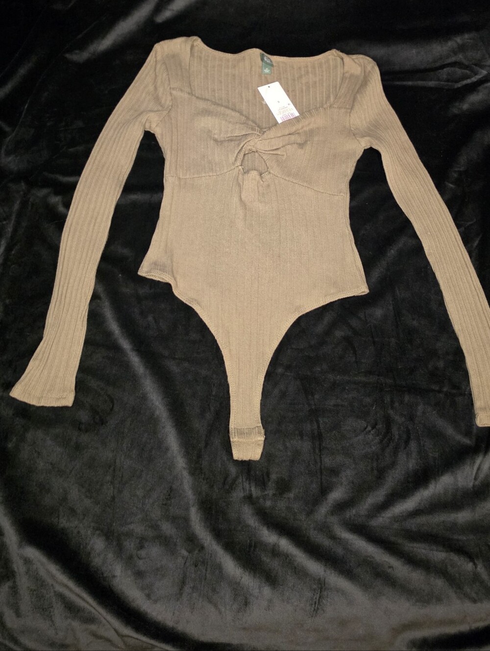 Ribbed Long-Sleeve Tie-Front Kids One-Piece Bodysuit — Olive Green